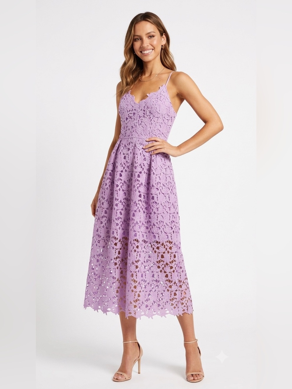 ASTR The Label Lilac Lace Midi Dress with Spaghetti Straps Coquette Cocktail L